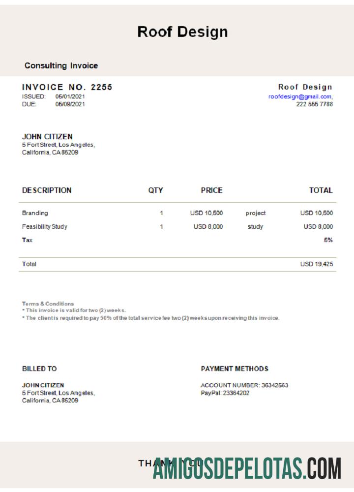 Fatura de projeto de telhado dos EUA exemplo real